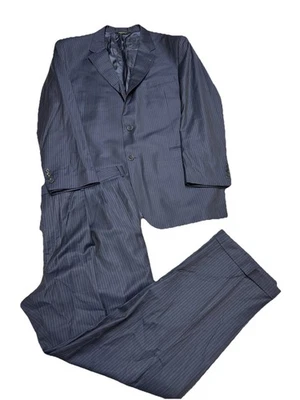 Traje Jos A Bank 2 Piezas Para Hombre 46L Pantalones 41x31 Lana Azul con Rayas Pin Foto 1 de 4
