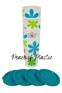 Tupperware (4) 11 Unzen Becher (#6170) Retro Blumen Floral Aqua Dichtungen Neu - Bild 1 von 3
