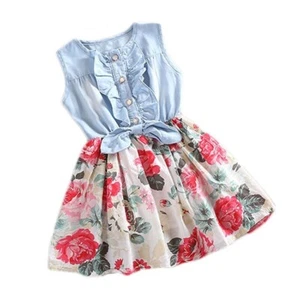 Hot Summer Lovely Girls Dresses Denim Flower Ruffled Dress Sundress Clothing New - Picture 1 of 11