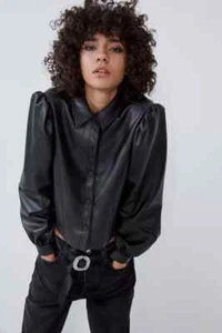 Casual Black Handmade Genuine Lambskin Leather Formal Women Party Stylish Shirt - Picture 1 of 5