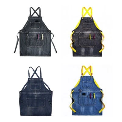 Delantal babero de jean unisex para espalda cruzada ajustable lavado denim estilista trabajo A Foto 1 de 4