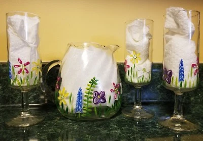 Juego de Jarra y Vasos Pintados a Mano Flores de Primavera Floral Juego de 4 Piezas. Nuevo  Foto 1 de 4