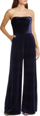 AMSALE Navy Strapless Structured Stretch Velvet Top Wide Leg Pant Jumpsuit 14 US - Image 1 of 4