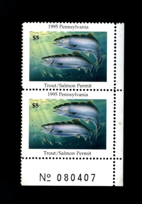 # RIGHT MARGIN 1995 US PENNSYLVANIA TROUT SALMON $5 FISHING PERMIT MNH NG ALB/01 - Image 1 of 2