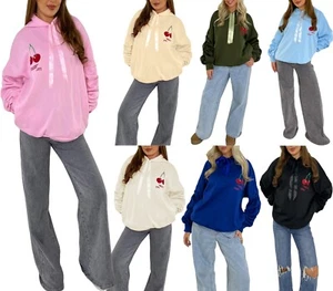 Womens Ruched Sleeve Satin Ribbon Cherry Print Hoodie Top Ladies Hooded Jumper - Picture 1 of 19