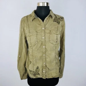 Anthropologie Holding Horses Womens 6 Olive Green Shirt Embroidered Butterflies - Picture 1 of 8