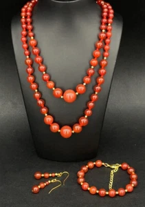 SCHMUCKJAGD 3-TLG SET: 2-REIHIGE KETTE & ARMBAND & OHRHÄNGER MIT KARNEOL - Imagen 1 de 4