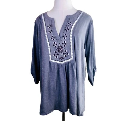 Top túnica boho Great Northwest Indigo para mujer grande gris bordado cuello en V Foto 1 de 4