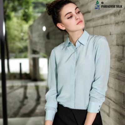 Women Silk Blouse 100% Real Silk Crepe Solid Long Sleeve Blouses Hide Button ... - Image 1 of 4