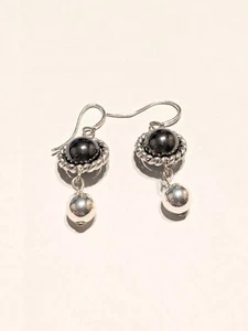 Silver Tone Hook/Dangle Earrings With Braided Edges & Gray Acrylic Beads. 1.5" - Picture 1 of 14