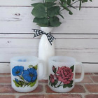 Vintage Glasbake Milk Glass Pink Rose and Blue Morning Glory Floral Pair of Mugs