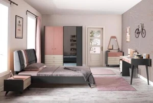 Schlafzimmer 6tlg Bett Nachttisch Kleiderschrank Kommode Spiegel Schreibtisch - Bild 1 von 5