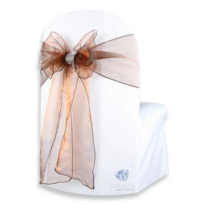 10 pcs Organza Chair Cover Bow Sash 108"x8" - Brown - w/ Bow Covers Wedding vz - Picture 1 of 5