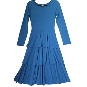 LULA ROE Blue Tiered Midi Dress Size S Long Sleeve Scoop Neck Casual Boho Chic - Picture 1 of 9