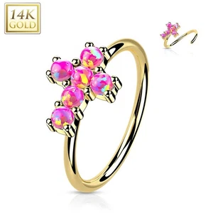 Piercing Nose Ring Yellow Gold 14K Cross Opals Roses - Picture 1 of 1