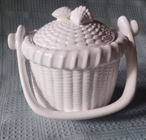 Nantucket Home Basketweave Design Pottery White Container with Seashell Lid - Picture 1 of 13