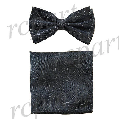 Nuevo Conjunto de pajarita y pañuelo de microfibra preatado para hombre patrón negro boda formal Foto 1 de 4