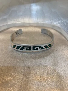 Taxco Mexico TL-119 Curved 925 Sterling Silver Cuff Inlaid Bracelet - Picture 1 of 19