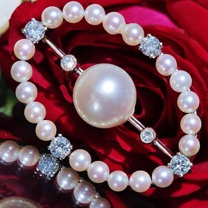 14k white gold pin brooch 9mm cultured pearl & 0.50c diamond 1930s handmade 5.8g - Picture 1 of 12
