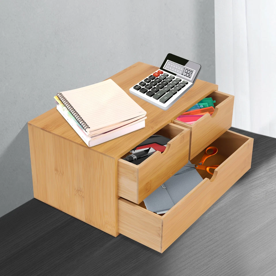 Bamboo Desk Organizer -Tabletop Mini Bamboo Desk Drawer Storage Box w/ 3 Drawers - Image 1 of 4