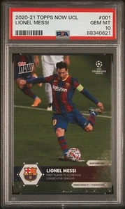 2020-21 Topps Now UCL Fußball #001 Lionel Messi FC Barcelona PSA 10 EDELSTEINE NEUWERTIG - Bild 1 von 6