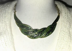 Silver Tone and Dark Green Enamel Bib Choker Necklace  - Picture 1 of 7