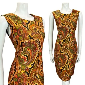 VTG 60S 70S GOLD BROWN RED GREEN PSYCHEDELIC FLORAL SWIRL SHIFT DRESS 10 12 - Picture 1 of 10