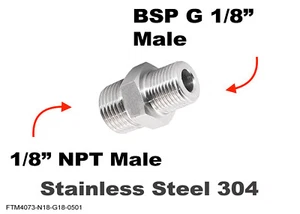 1/8" NPT Male to BSP G 1/8" Male Stainless Sensor Adaptor Fittings Conversion - Picture 1 of 4