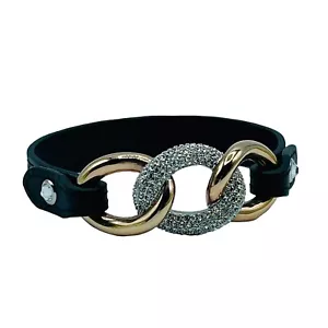 Swarovski Crystal Pave Bound Link Bracelet Gold Tone Black Leather Band 7” - Picture 1 of 5
