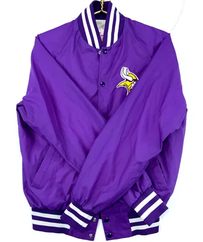 Vintage Minnesota Vikings Snap Button Satin Jacket Size Medium Purple Nfl Cover