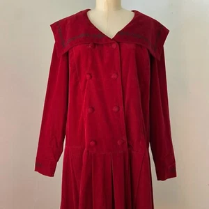Vintage 1980s Laura Ashley Sailor Collar Dress Red Corduroy US 12 Medium Large - Picture 1 of 6