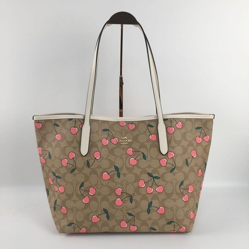 Borsa Coach Tote Bag Firmata Cuore Stampa Ciliegia CACHI CHIARO CF444 Outlet NUOVA