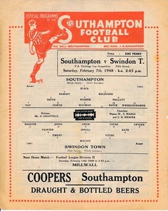 SOUTHAMPTON v Swindon Town (FA Cup) 1947/1948 - Programa de fútbol - Imagen 1 de 1