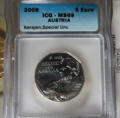AUSTRIA. 2008, 5 Euro, Silver - ICG MS69 - Top Pop 🥇 Herbert von Karajan - Image 1 of 4