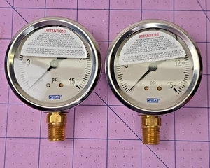 Qty 2 WIKA oil filled Pressure Guages PN 9767037 0-15 psi, 1/4 NPT Lower Mount - Picture 1 of 3