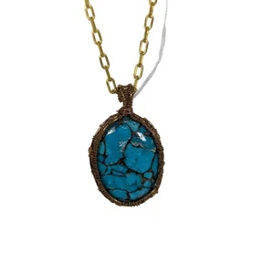 Small Mohave Turquoise necklace stone wrapped in Red brass with G filled chain - Picture 1 of 6