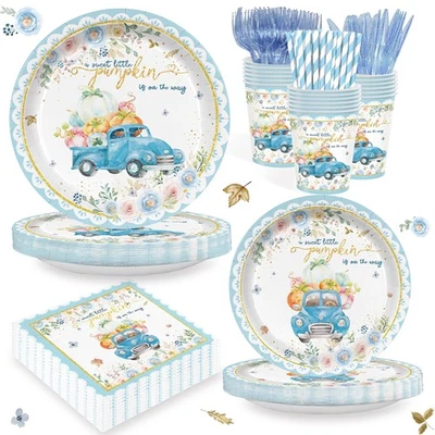 168 peças de suprimentos para chá de bebê abóbora azul, serve 24, pratos, xícaras, guardanapos - Imagem 1 de 4