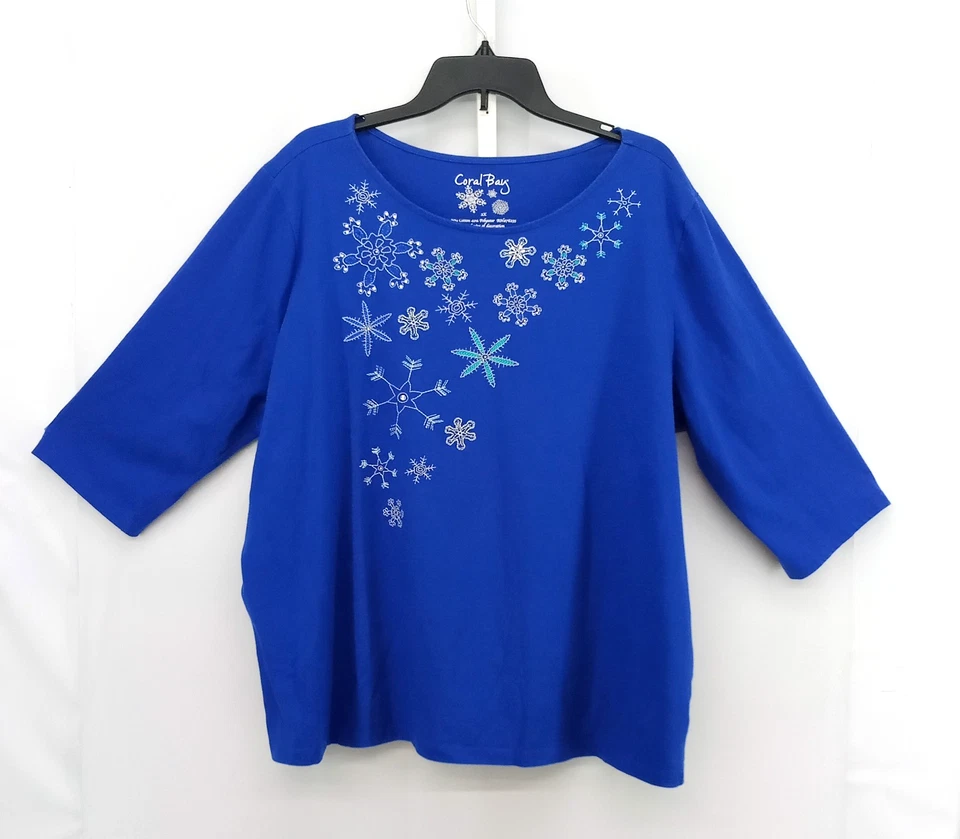 Camisa Coral Bay Mujer Talla 2X Azul Cuentas Bordada Copos de Nieve Top de Vacaciones Foto 1 de 4