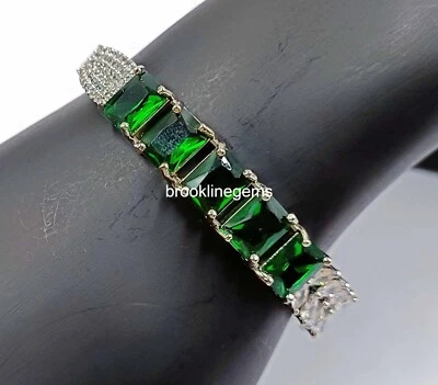 Pulseira vintage feita à mão verde moldavita pedras preciosas folheada a prata étnica AD CZ - Imagem 1 de 4