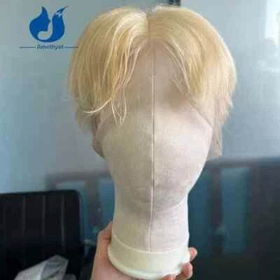613 Blonde Straight Men's Pixie Cut Wig Full Lace Bob Brazilian Remy Human Hair - Image 1 of 4