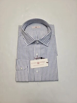 $295 New LUCIANO BARBERA Men's 2XL White Blue Striped COTTON & LINEN Shirt ITALY - Image 1 of 4