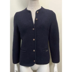 VINTAGE GEIGER NAVY BLUE 3/4 SLEEVE WOOL CARDIGAN JACKET XS - Picture 1 of 11