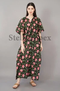 Indian Handprint Cotton Kaftan, Elegant Black & Pink Floral Long Caftan Dress - Picture 1 of 6