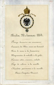 MENÚ / DÍA DE LA CORONACIÓN Y ORDEN EN LA CORTE PRUSIANA 1884 - Imagen 1 de 2