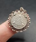 Old Vintage English Silver Pendant w/ 1934 Three Pence Threepence Silver Coin