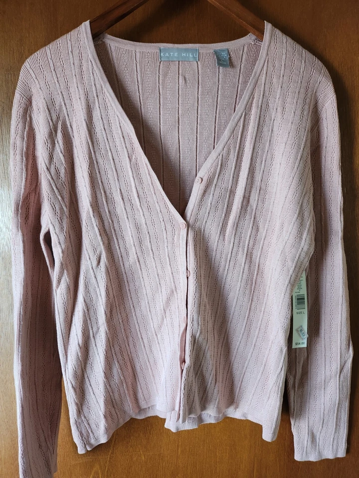 KATE HILL NUEVO CON ETIQUETAS Rosa Mujer Suéter Cárdigan Seda Nylon Grande Ligero Primavera Foto 1 de 4