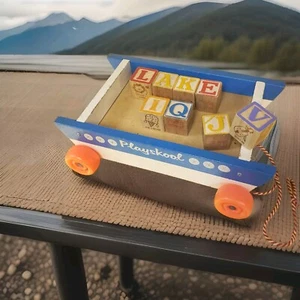 Vintage Playskool Wagon Wooden Blocks Pull Toy With Letter/ Number Wood Blocks - Picture 1 of 8