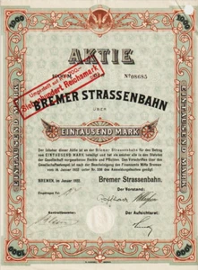 D-189 ACCIONES Bremer Strassenbahn AG más de 1000 marcos Bremen, en enero de 1922 - Imagen 1 de 2