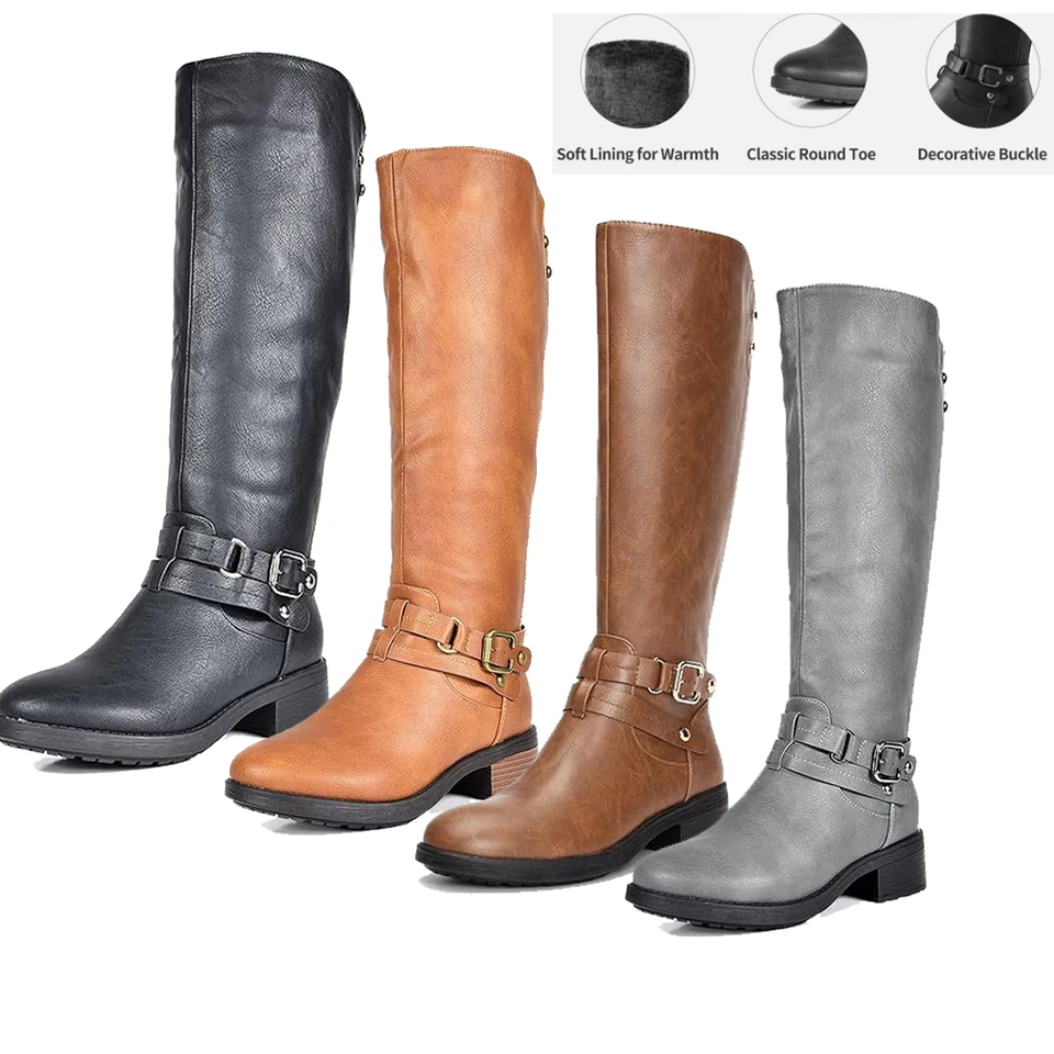 Women's Knee High Military Boots Side Zipper Low Heel Combat Boots - Image 1 of 2