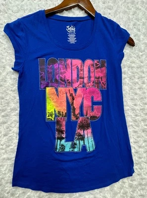 Justice Shirt Girls Size 16 Blue  Graphic Tee T Top London NYC LA Short Sleeve - Image 1 of 4
